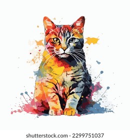 A watercolor painting of a cat. color splash, multicolor, Abstract digital art, paint splash, white background, vector illustration