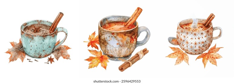 Watercolor Painting of a Ceramic Cup with Hot Apple Cider, Cinnamon Stick, and Autumn Leaves – Isolated on White Background