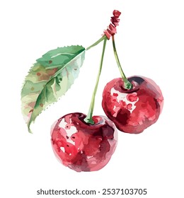 Watercolor painting of cherry, isolated on a white background, cherry vector