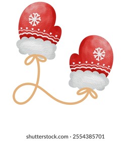 Watercolor painting of Christmas gloves Super cute red and green.