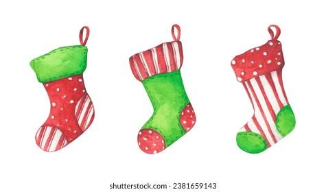 Watercolor painting of Christmas socks.