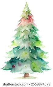 A watercolor painting of a Christmas tree with a green trunk and green leaves. The tree is surrounded by a white background