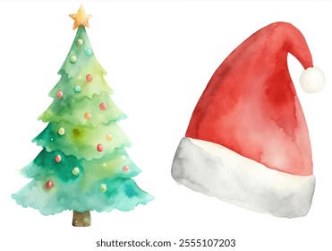 A watercolor painting of a Christmas tree and a red Santa hat. The tree is decorated with many ornaments and the hat is red and white. The painting evokes a festive and joyful mood