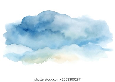 Uma pintura em aquarela de um céu nublado com um tom azul. O céu está cheio de nuvens, e a pintura tem um humor sereno e pacífico