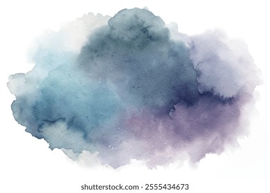 A watercolor painting of a cloudy sky with a blue and purple hue. The sky is filled with clouds, and the colors are vibrant and bold. The painting evokes a sense of calm and tranquility