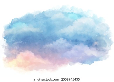 A watercolor painting of a cloudy sky with a pinkish hue. The sky is filled with clouds of various sizes and shapes, creating a sense of depth and movement. The colors are vibrant