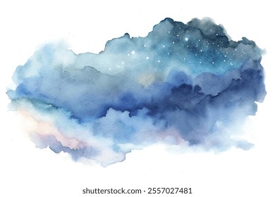 A watercolor painting of a cloudy sky with stars and a moon. The painting has a dreamy, ethereal quality to it, with the clouds and stars creating a sense of wonder and mystery