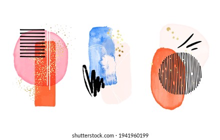 Watercolor painting, Cobalt blue modern art isolated vector graphic. minimalistic geometric frames hand painted icons set Vetor 