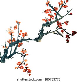 Watercolor painting - colored red small flowers on a tree or bush branch. Chinese calligraphy style, dry brush. Hand draw Chinese ink watercolor flower, detailed, free hand oriental japan art