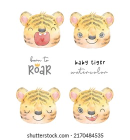 watercolor painting cute adorable baby tiger face head in different emotions, born to roar, cute animal character idea for child and kid printable stuff and t shirt, greeting card, nursery wall art