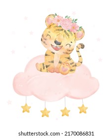 watercolor painting cute adorable sweet baby tiger girl sitting on pink cloud, welcome baby girl, cute wildlife animal nursery kid character illustration vector
