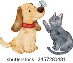 Watercolor painting of a cute dog and a cat playing 