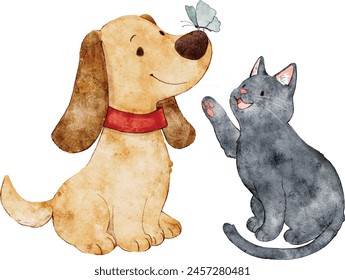 Watercolor painting of a cute dog and a cat playing 