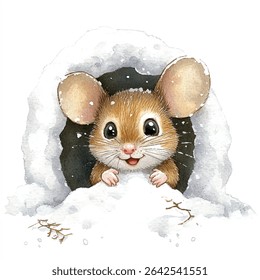 Pintura aquarela de um rato bonito com orelhas grandes, emergindo de uma toca coberta de neve, sorrindo com suas pequenas patas descansando sobre a neve.