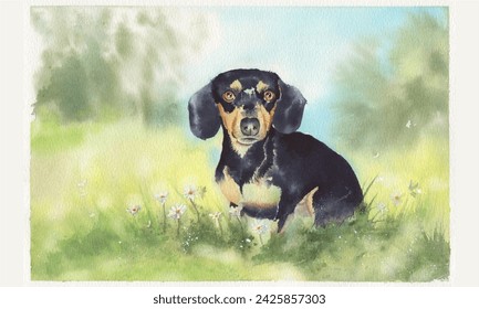 Watercolor painting Dachshund dog; handmade watercolor painting