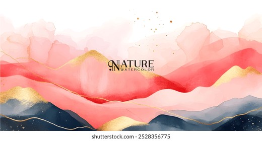 Una pintura de acuarela que representa un paisaje abstracto con suaves tonos rosados, rojos y azules, acentuados con detalles dorados.