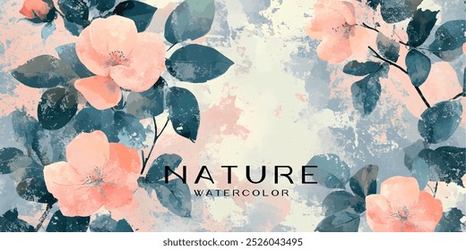 Uma pintura em aquarela representando flores cor-de-rosa e folhas verdes contra um fundo texturizado.