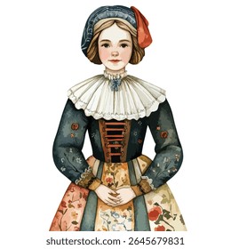A watercolor painting depicts a girl wearing a detailed, traditional dress with a large ruffled collar and floral skirt.