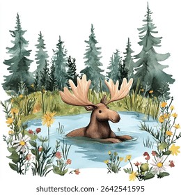 A watercolor painting depicts a moose submerged in a pond, surrounded by colorful wildflowers and tall evergreen trees.