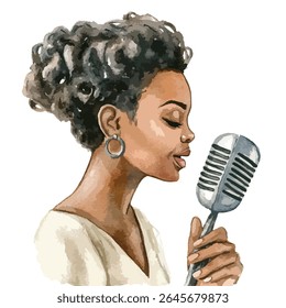 Uma pintura em aquarela retrata uma mulher com cabelo encaracolado escuro, cantando em um microfone retrô; vista de perfil.
