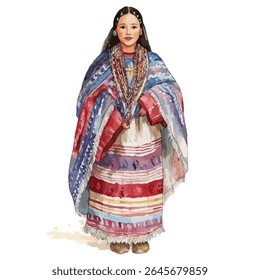 A watercolor painting depicts a young girl, front and center, wearing a vibrant, patterned dress and shawl, adorned with intricate beaded necklaces.