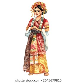 A watercolor painting depicts a young woman, full-length, adorned in a richly patterned, layered dress and floral crown.