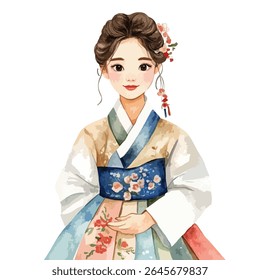 Uma pintura em aquarela retrata uma jovem mulher, de frente, vestindo um Hanbok vibrante com detalhes florais. Sua expressão é serena.