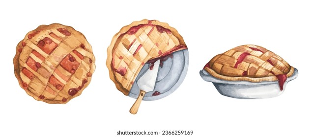 Watercolor painting of dessert pie set. Delectable dessert illustrations for all your design needs.