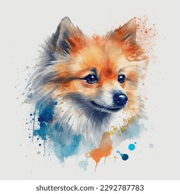 watercolor painting dog spitz deutscher pomeranian white background