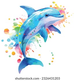 A watercolor painting of a dolphin jumping out of flowers