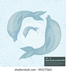 Watercolor painting of dolphins. Blue stylized hand drawn dolphin. Wallpaper, fabric, wrapping ornaments, fabric.