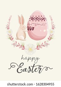 Watercolor painting of Easter day's card. Rabbits among the flower wreath is painting an egg. Design for card, poster, postcard, wallpaper, letter.