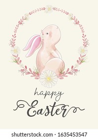Watercolor painting of Easter day's card. Rabbits among the flower wreath. Design for card, poster, postcard, wallpaper, letter.