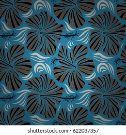 Watercolor painting effect of beige, brown, blue and black hibiscus flowers, seamless pattern vector background.