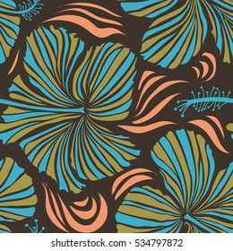 Watercolor painting effect of blue, brown and yellow hibiscus flowers, seamless pattern vector background.