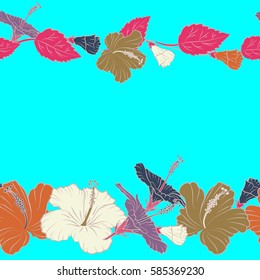 Watercolor painting effect of blue and purple hibiscus flowers with copy space (place for your text), seamless pattern vector background.