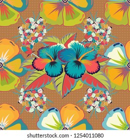 Watercolor painting effect of blue, yellow and brown hibiscus flowers, seamless pattern vector background.