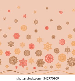 Watercolor painting effect. For the Christmas design and decoration. Handmade drawing. Vector seamless pattern with snowflakes, doodles and dots on neutral background.