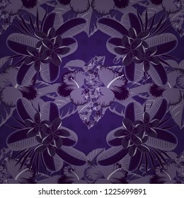 Watercolor painting effect of purple, violet and brown hibiscus flowers, seamless pattern vector background.