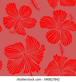 Watercolor painting effect of red and pink hibiscus flowers, seamless pattern vector background.