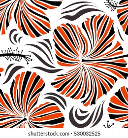 Watercolor painting effect, vector illustration of a hibiscus flower, blossom with multicolored leaves isolated hand drawn on white background. Hibiscus flowers in black and orange colors.