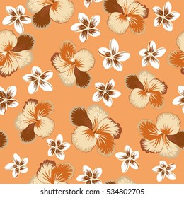 Watercolor painting effect, Vector illustration. Hibiscus flowers in orange, brown and beige colors. Hand drawn sketch. Of orange, brown and beige hibiscus flowers, blossom with leaves isolated.