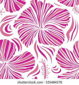 Watercolor painting effect, vector illustration of a hibiscus flower, blossom with multicolored leaves isolated hand drawn on white background. Hibiscus flowers in pink and magenta colors.