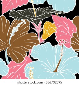 Watercolor painting effect, vector illustration of a hibiscus flower, blossom with multicolored leaves isolated hand drawn on black background. Hibiscus flowers in pink and yellow colors.