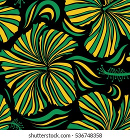Watercolor painting effect, vector illustration of a hibiscus flower, blossom with multicolored leaves isolated hand drawn on black background. Hibiscus flowers in green and yellow colors.
