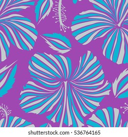 Watercolor painting effect, Vector illustration. Hibiscus flowers in gray, violet and blue colors. Hand drawn sketch. Of gray, violet and blue hibiscus flowers, blossom with leaves isolated.