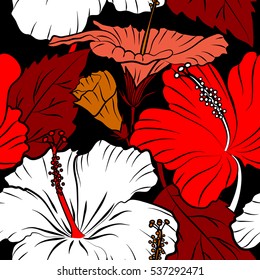 Watercolor painting effect, vector illustration of a hibiscus flower, blossom with multicolored leaves isolated hand drawn on black background. Hibiscus flowers in white, orange and red colors.