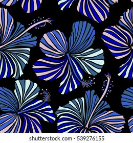 Watercolor painting effect, vector illustration of a hibiscus flower, blossom with multicolored leaves isolated hand drawn on black background. Hibiscus flowers in blue and neutral colors.