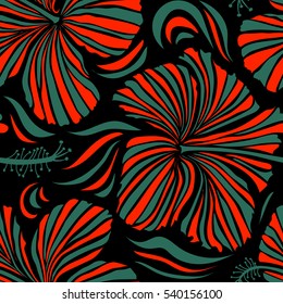 Watercolor painting effect, vector illustration of a hibiscus flower, blossom with multicolored leaves isolated hand drawn on black background. Hibiscus flowers in red and green colors.