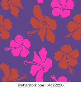 Watercolor painting effect, Vector illustration. Of violet, pink and magenta hibiscus flowers, blossom with leaves isolated. Hibiscus flowers in violet, pink and magenta colors. Hand drawn sketch.